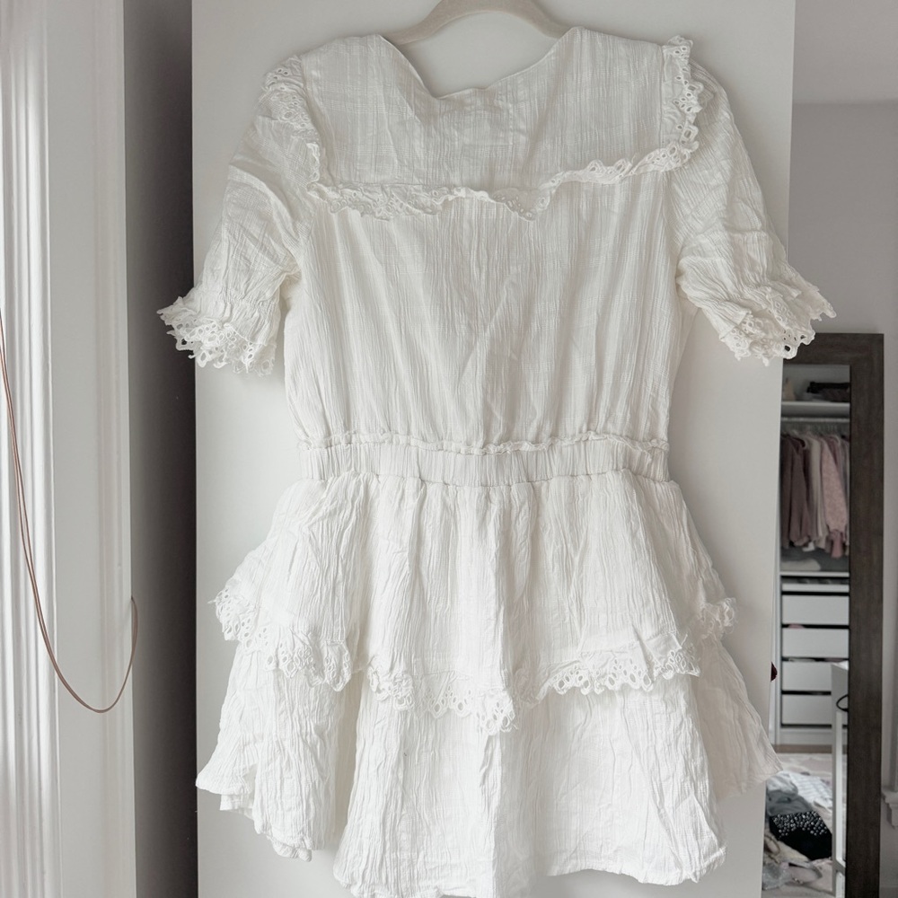 JUST ME ROMANTIC COTTAGE WHITE RUFFLE TIERED LOVESHACK MINI DRESS - Picture 6 of 9